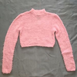 Pink fuzzy crop top sweater.